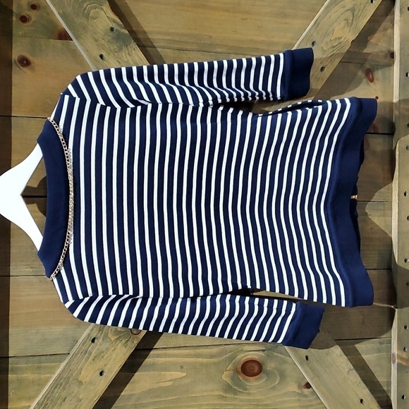 BOSTON PROPER STRIPED ZIP UP CARDIGAN W GOLD CHAIN TRIM NAUTICAL COASTAL SIZE XS - Picture 9 of 9